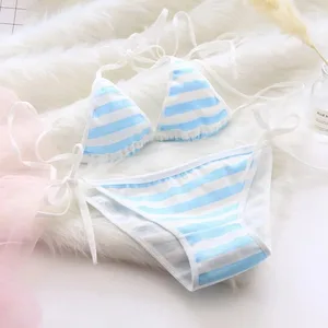Set Celana Dalam Bra Wanita 2 Buah Lingerie Seksi Katun Mulus Bikini Kawaii Tali Berenda Pakaian Bergaris Biru Putih Pakaian Dalam Wanita