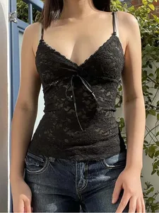 Débardeur noir transparent en dentelle pour femmes, haut court d'été Y2K, vêtements sans manches, col en V, débardeur Sexy, esthétique gothique des années 2000