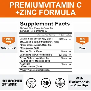 1200 mg vitamin C-kapslar - med zink - immunsystem och kollagenförstärkare Icke-GMO och glutenfri vegetarisk