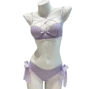 Set de sutien din dantelă cu buline confortabile, cu inimă de dragoste, cu fundițe, set de sutien și chiloți, intimi cu șireturi, sutien push up pentru femei, seri romantice