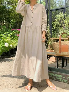 Abito elegante in cotone tinta unita da donna Femme 2022 Abito lungo bohemien primavera autunno ZANZEA Abiti casual a maniche lunghe oversize