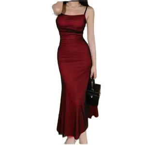 Robe Corset moulante sans manches pour femmes françaises, Maxi, rouge vin, bretelles Spaghetti, froncée, élégante, longue, Vintage, robes de soirée