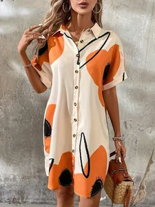 2025 Bagong Tag-araw na Pang-araw-araw na Kaswal na Pambabaeng Maikling Manggas na T-shirt na Dress Sweet Fashion Single-breasted Dress Floral Print Elegant Dress