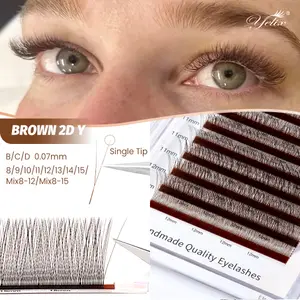 Yelix Brown 2D Y Premade oční řasy Prodlužování řas s jednou špičkou Přirozené Husté Měkké Bez uvolnění Kořen Snadné Fan Salon Lash Cilios Y