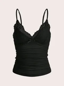 Seksi Kontras Lace Bow Depan Crop Cami Top Wanita Musim Panas 2025 Grunge Punk Y2K Pakaian Ruched Kurus Tee Backless