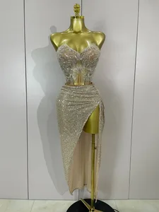 Sparkly Sequin Beading Sexy Strapless Two Pieces Set Women Evening Ipagdiwang ang Nightclub Party Luxury Birthday Dress Stage Costume