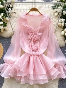 3D virágos strand rövid ruha női hosszú ujjú, fűzős fodros sifon torta napruha áttetsző szexi vintage bohém ruha
