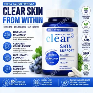 Suplemento de suporte para pele Clear³ com probióticos DIM e zinco - suporte nutricional para pele e intestino saudáveis ​​60 cápsulas
