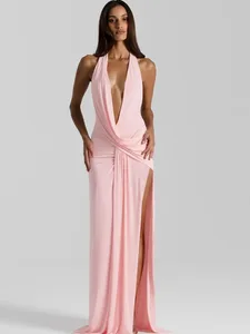 Mozision halter decote em v profundo sem costas sexy maxi vestido feminino moda irregular sem mangas coxa alta divisão clube vestidos de festa