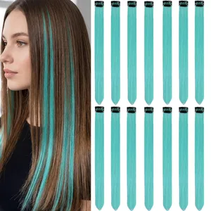 14 Buah Klip Ekstensi Rambut Biru Teal Dalam 22 Inci Aksesori Rambut Pelangi Ekstensi Sorotan Neon Sintetis Pesta Berwarna