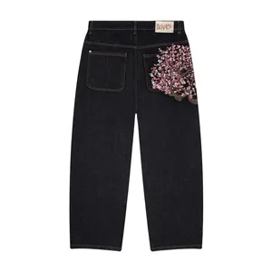 Amerikaanse Retro Pocket Kersenbloesem Geborduurde Jeans Y2k Vintage Mannen Casual Baggy Rechte Denim Broek Met Wijde Pijpen Hippe Streetwear
