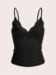 Seksi Kontras Lace Bow Depan Crop Cami Top Wanita 2026 Musim Panas Grunge Punk Y2K Pakaian Ruched Kurus Tee Backless