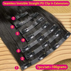 7ชิ้นที่มองไม่เห็นไม่มีรอยต่อPUคลิปในต่อผมมนุษย์เทปผ้าคลิปในส่วนขยายสำหรับผมดิบหนา100กรัมคลิปบนผม