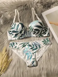 Conjunto de lingerie sexy feminino com estampa de folha de verão refrescante e anel de aço reunindo push up conjunto de sutiã confortável a2137