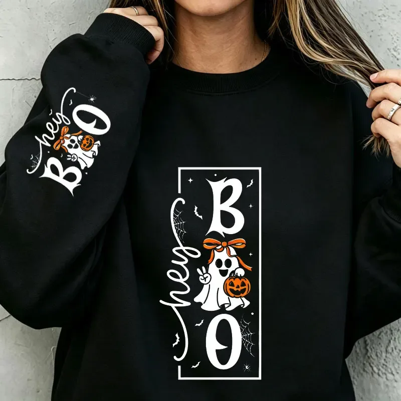 Roztomilá mašle Ghost Dýňové mikiny Grafický Halloween Hey Boo Unisex mikina s dlouhým rukávem Podzimní svetr Bavlna 330 g/m²