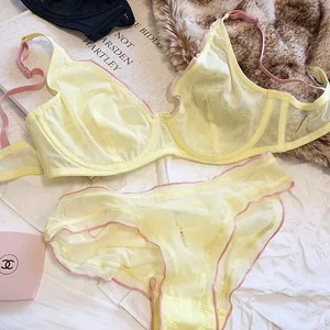 Bra Minimiser Perancis Canggih Set Lingerie Jaring Tanpa Bantalan Dukungan Underwire Cangkir Segitiga untuk Set Celana Dalam MOYISU Payudara Besar