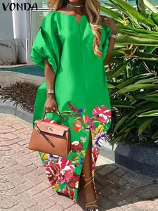 Plus Size 5XL Donna Bohemian Raso di seta Maxi abito lungo 2025 Vestito estivo estivo Elegante scollo a V Abiti Casual Abito allentato Femme