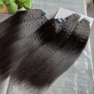 Kinky ตรงเทปที่มองไม่เห็นในส่วนขยายของผม 100% ดิบ Virgin Human Hair กาวไม่มีรอยต่อ PU ผิว Weft Full Head 40 pcs