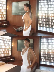 섹시한 흰색 고삐 컷아웃 맥시 드레스 여성 Deep V Backless Bodycon Evening Clubwear