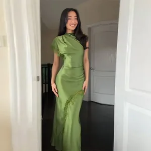 2026 luxo verde oliva cetim maxi vestido feminino elegante xale design renda guarnição assimétrico bainha ruched bodycon formal jantar vestido