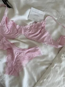 Rosafarbenes, ungefüttertes Vollschalen-BH-Set, Bügel, Spitzenbesatz, Lift, bequem, minimalistisch, nahtlos, hautfreundlich, Alltags-BHs und Höschen