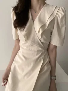 South Korea Chic Midi Dress Women Summer Japan Style Retro Vintage Design Ruffles Pink One-Piece Lace-Up Dress FLHJLWOC Vestidos