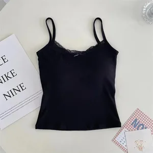 1 ชิ้นสาวน่ารัก Bra Tank Top ผู้หญิง Lace Casual สายคล้องคอเสื้อกั๊กหญิง Camisole แบบถอดได้ Built In Bra เสื้อผ้า