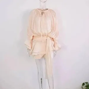 2026 Bagong Tag-init na Fashion Pambabaeng Damit Round Neck Lantern Sleeves Satin Short Dress Na May Shorts Sa ilalim ng Dalawang pirasong Set