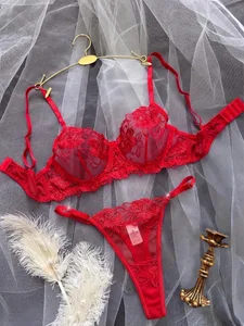 A1 Sexy Rode Bloemen Borduren Pure Kant Lingerie Set S-XL Vrouwen Zien Door Mesh Beha String 2 Stuks Romantische Valentijn intimates