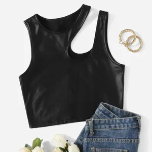 Topuri din piele PU pentru femei Bustiere negre sexy cu decolteu în V cu bretele spaghete Corset Vest Club de noapte Topuri decupate Vestă pentru femei