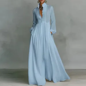 Robe longue française élégante, taille haute, balançoire, poches solides, plissée, Maxi, manches longues, boutons, robe de soirée, printemps, automne