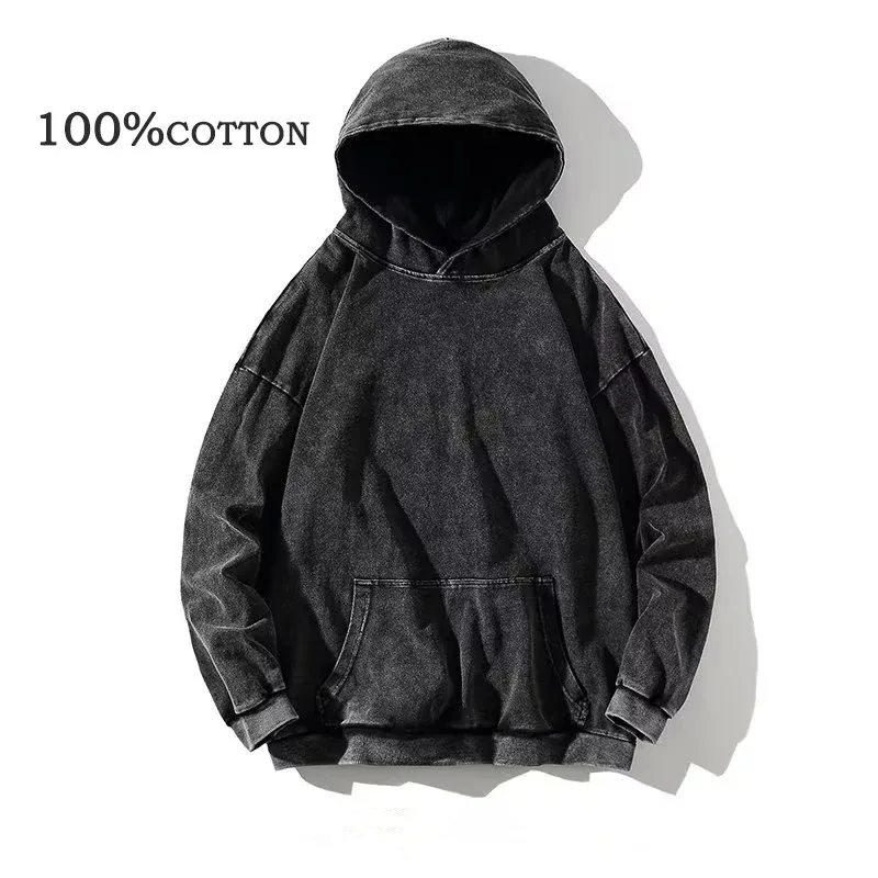 100 % bomull herreklær Vintage Black Acid Wash Hettegensere Herre Dame Overdimensjonerte Hip Hop-gensere Uformelle gensere Y2K-klær
