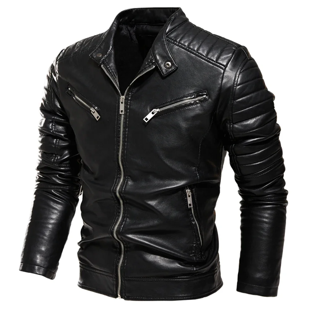 2025 Winter Black Leather Jacket Men Fur Lined Warm Motorcycle Jacket Slim Street Fashion BLack Biker Coat Pleated Design Zipper
