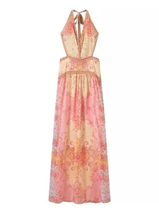 Floral impressão halter vestido feminino chique com decote em v sem mangas sem costas cintura-cinging maxi vestidos 2026 novo verão senhora férias roupões