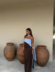 روسری بلوک کننده رنگ یقه ساسپندر لباس ماکسی زنانه بند اسپاگتی بند بلند لباس شب قد بلند لباس مجلسی زنانه