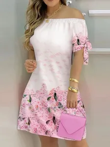 Frauen Weg Schulter Mini Kleid Sommer Sexy Kurzarm Fliege Gestreiften Blumen Druck Kleider Mode Lässig Lose Kleid