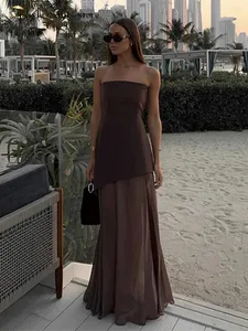 Casual Halter Langes Kleid Frauen Lose Frühling Sommer Tube Top Backless bodenlangen Kleider Dame Gelb Robe Frau Urlaub stilvoll