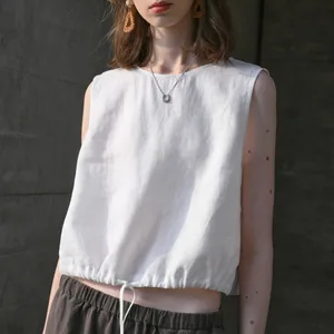 100% leinen Tank Top Frauen 2026 Sommer Atmungsaktive Kurze Tops Ärmellose Beiläufige Lose Baumwolle Leinen Kordelzug Crop Tops