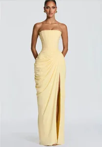 Mingmingxi primavera verão amarelo sem alças maxi vestido ruched alta fenda vestido de noite bodycon casamento convidado vestido de festa feminino