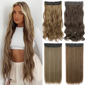 Synthetische 5 Clips in Haarverlängerungen, natürliche lange gewellte Frisuren, gefälschtes Haarteil, braun, schwarz, einteilig für Frauen