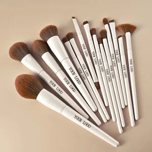 15 Buah Kuas Makeup Logo Kustom Warna Putih Coklat Set Kuas Makeup Rambut Label Pribadi Alat Kecantikan Pro Grosir 5 Set/lot