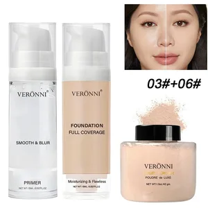 3-delt Begynder Face Makeup Kit-Mat Vandtæt Foundation Hydrating Primer Oil-Control Loose Powder Full Coverage Concealer