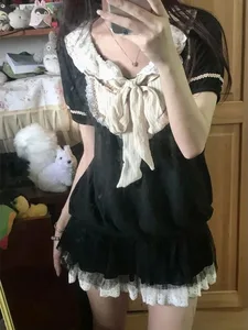 Vestit atractiu estètic de Harajuku dels anys 90 per a dona, vestits gòtics prims i dolços Y2k per a dones, vestit de màniga curta vintage de dues peces fals punk