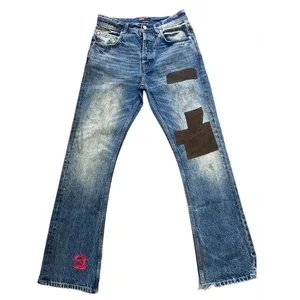 Seluar Jeans Flared Lelaki Harajuku Vintage Dibasuh Denim Seluar Patchwork Korduroi Slim Fit Kasual Streetwear Uniseks Musim Bunga Baru