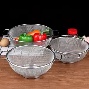 2db 21cm+ 24cm rozsdamentes acél leeresztő kosár konyhai kosár fogantyúval Zöldségmosó kosár Rizsszűrő Szűrő