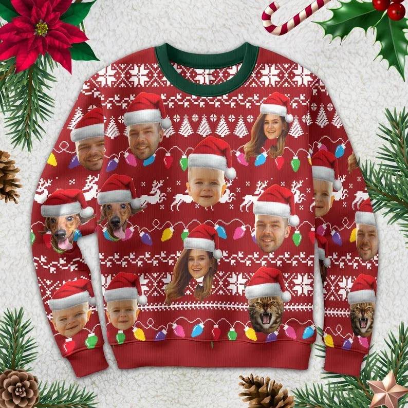 Personalizado sua foto 3d impressão feia camisola de natal diy rosto família pullovers imagem engraçada moletom personalizado presente de natal unisex
