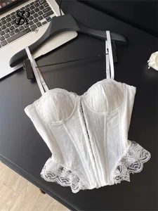 Haftowana bielizna gorsetowy top damski pasek zasznurowany bielizna modelująca zalotna koszulka na ramiączkach francuska koronkowa falbana Hotsweet Tank Top