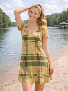 Minivestido acampanado de manga corta con cuello en V para mujer, vestido informal con corte en A, para fin de semana, vacaciones, viajes, atuendo informal diario