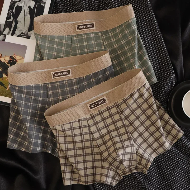 4-delade mäns rutiga tryckta Retro Boxershorts, mjuka, bekväma, andningsbara underkläder, sömlösa boxershorts för män