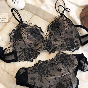 Pháp Ren Hoa Thêu Bộ Áo Ngực Gợi Cảm Siêu Mỏng Quần Lót Nữ Tam Giác Mới Cúp Dây Giá Rẻ Áo Bralette Lãng Mạn Bộ Đồ Lót Ren